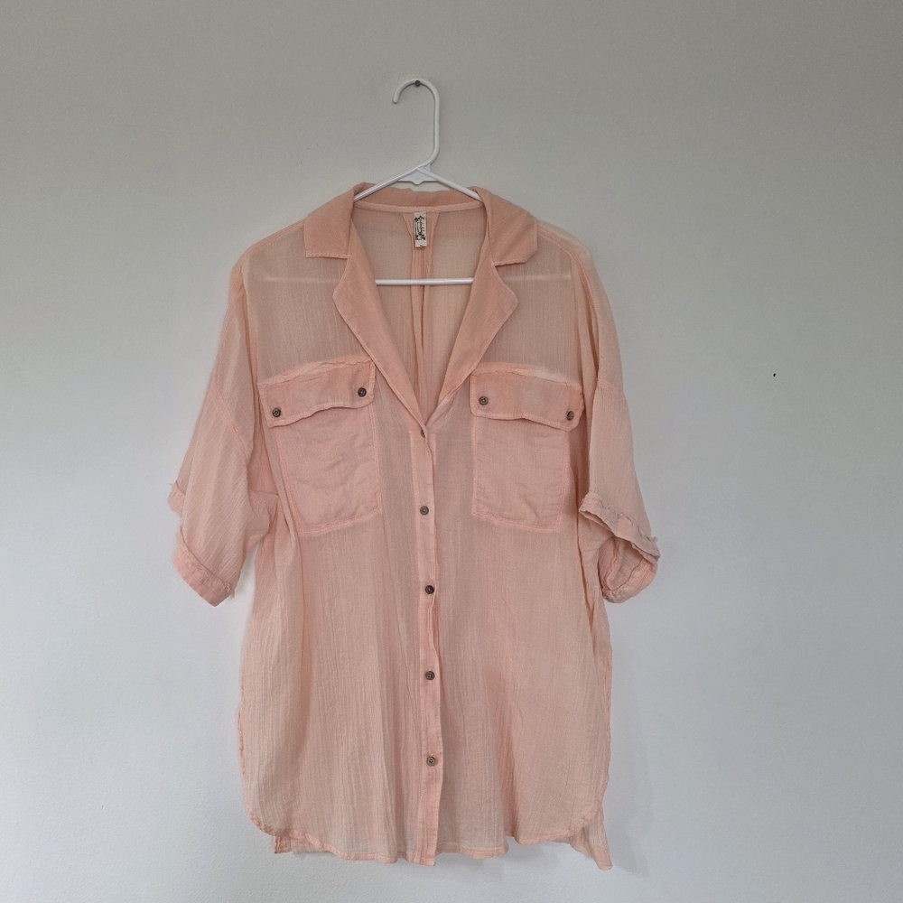 Free People Intimately Sleep Talk Cotton Shirt Electric Peach Small - Picture 2 of 9